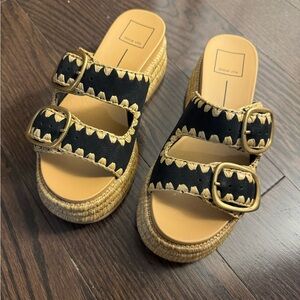 Dolce Vita Wanika - Black and Tan Platform Slide Sandals with Gold Buckles